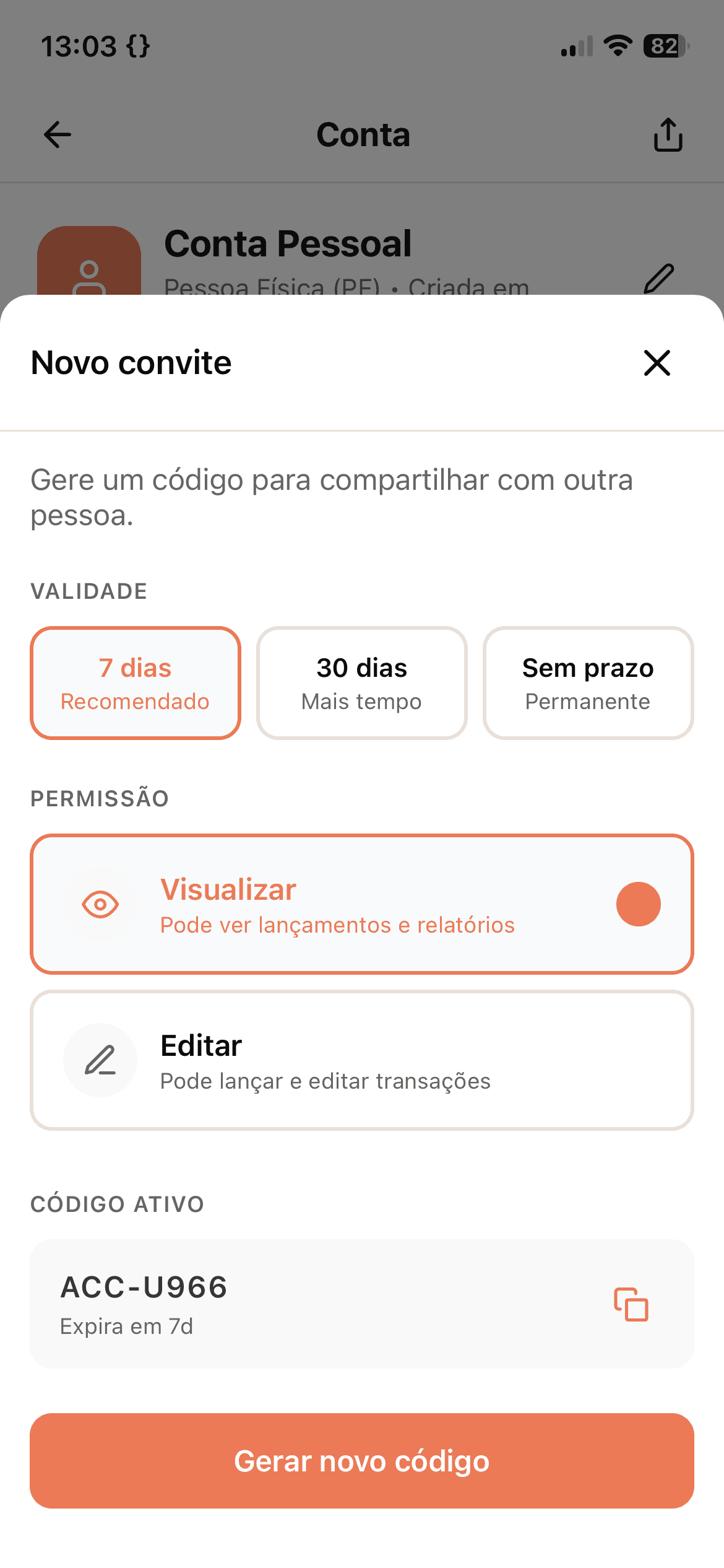 Código de convite ativo do Saldo 360, com prazo de expiração de 7 dias
