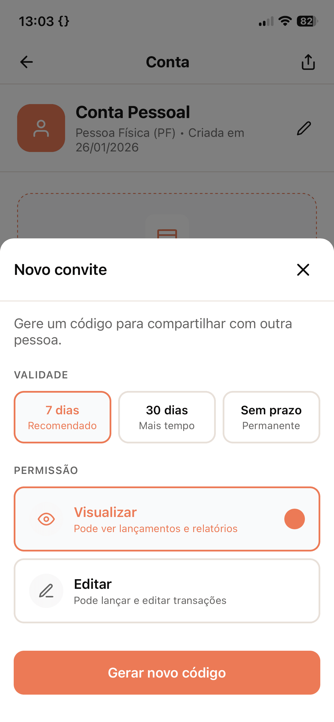 Tela Novo convite do Saldo 360: escolha de validade do código e da permissão de visualizar ou editar